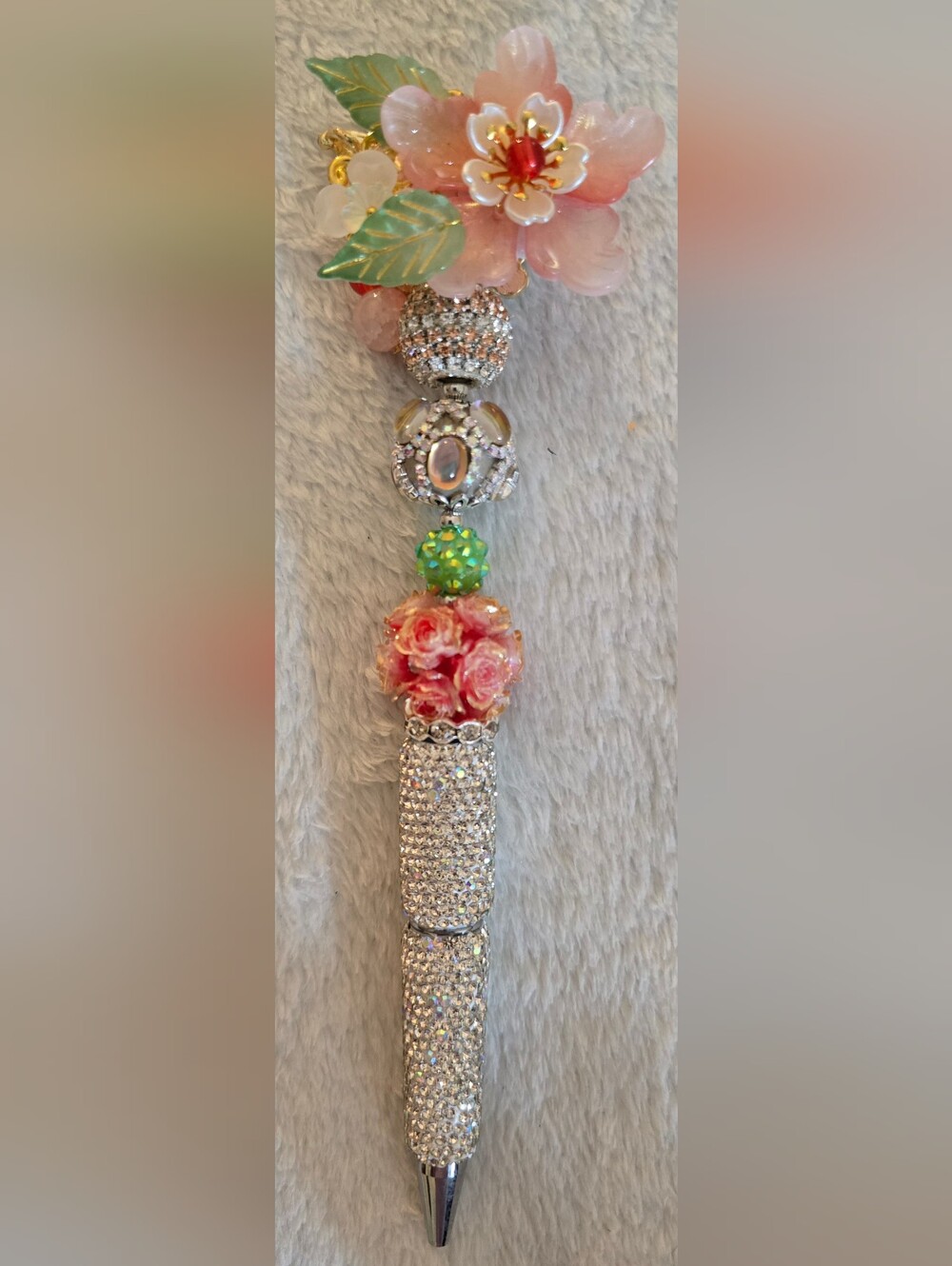 Peach & Green Beaded Pen - Flower